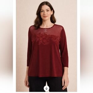 Cotler Burgundy Silk Embellished Top | Large Petite | Sheer Neckline